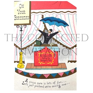 Circus birthday card, Vintage 1950s digital download birthday card