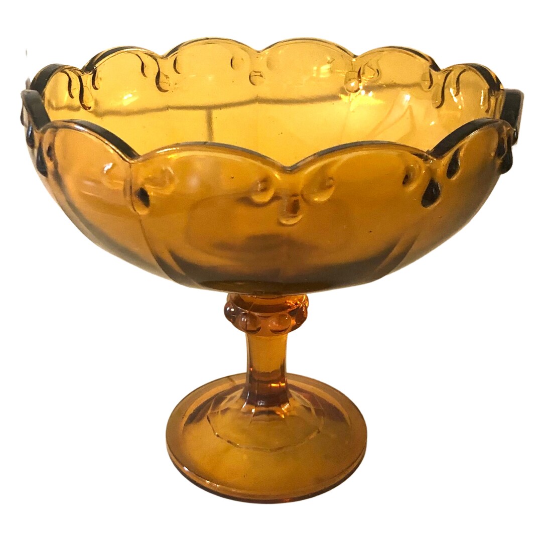 Large Scalloped Amber Glass Pedestal Bowl Etsy