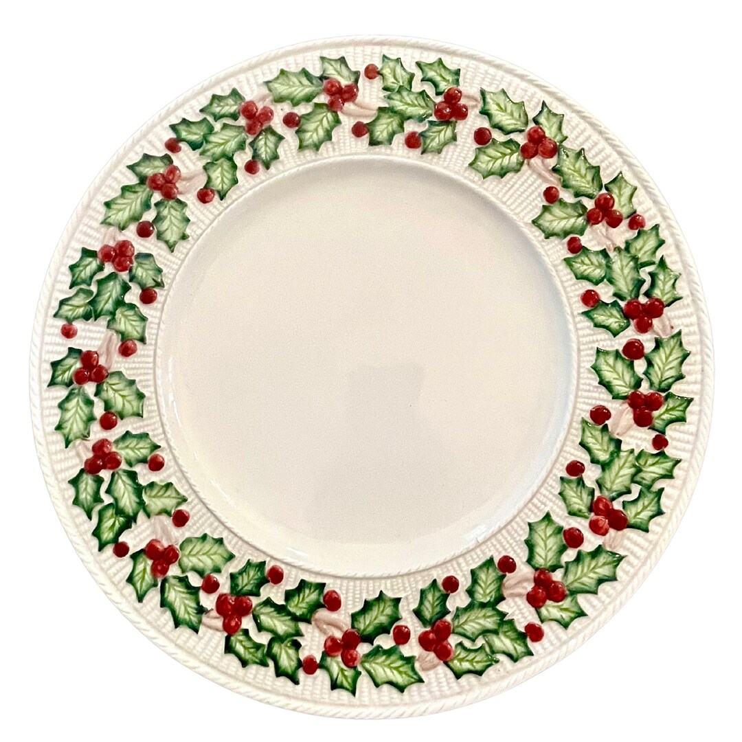 Vintage Fitz and Floyd Holly Christmas Charger Plate With Basketweave