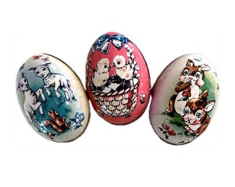 Vintage Easter Lithograph Egg Tins With Bunnies Chicks And Lambs