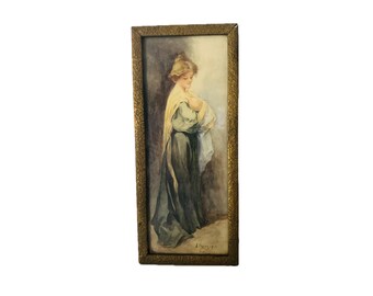 Antique 1911 Watercolor Mother And Baby Portrait Narrow Vertical Gold Frame Signed L Harris