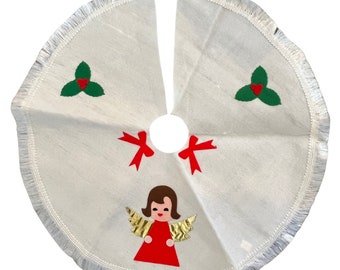 Vintage Small White Felt Christmas Tree Skirt with Red and Gold Felt Angel