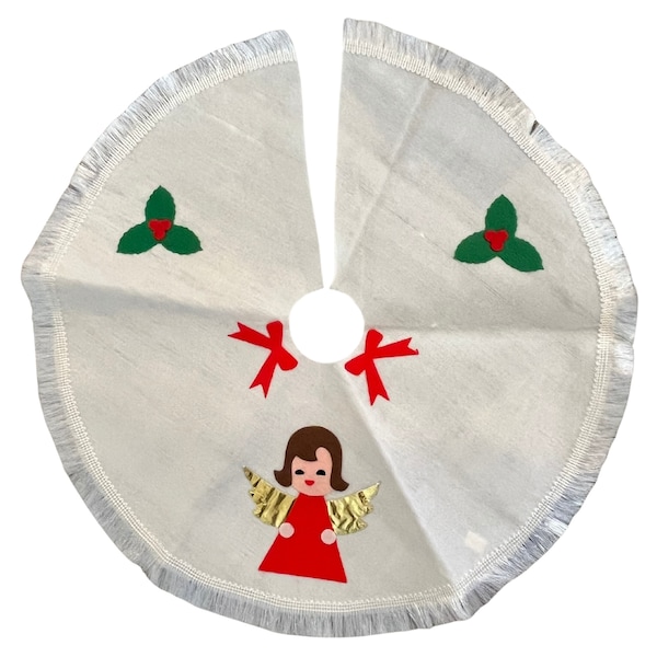 Vintage Small White Felt Christmas Tree Skirt with Red and Gold Felt Angel