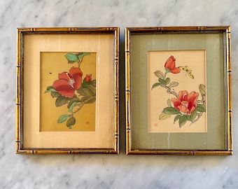 Pair of Hand Painted Asian Flowers with Bee and Butterflies Framed in Vintage Gold Faux Bamboo Frames