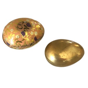 Vintage Gold Brass Egg Box and Lithographed Tin Egg with flowers