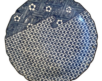 Blue and White Porcelain Japanese Plate with Geometric Pattern and White Flowers