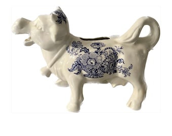 Vintage Blue and White Delft Cow Creamer, Staffordshire England