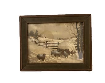Antique Rustic Wood Framed Pastoral Sheep Winter Landscape Print