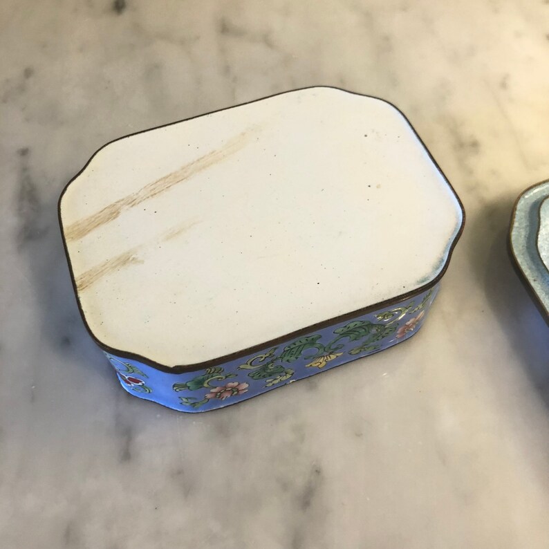 Op de afbeelding: Een kleine, rechthoekige sieradendoos met een lichtblauwe buitenkant en een witte bovenkant. De doos heeft bloemen- en bladerontwerpen in groen, roze en geel. De randen zijn afgewerkt met donker metaal. De doos is waarschijnlijk gemaakt van email.