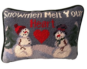 Vintage Snowman Needlepoint Pillow with Green Velvet Piping