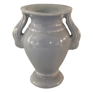 Vintage Glazed Pale Blue Ceramic Two Handled Vase