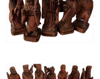 Vintage Hand Carved Asian Sage Figurines Set Of Eight