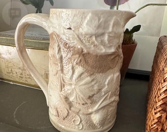 Spode England Cream Grapevine Jug, Majolica Style Pitcher, Vintage Relief Pottery