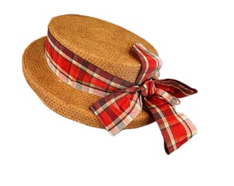 Vintage Straw Boater Hat Plaid Taffeta Ribbon Phillipe Model Summer Hat