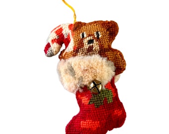 Needlepoint Red Stocking Ornament with Teddy Bear, Jingle Bell and Candy Cane