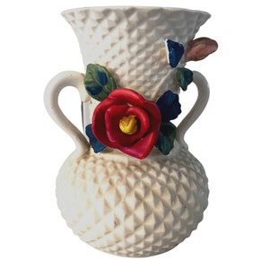 White Ceramic Majolica Vase with red and pink floral