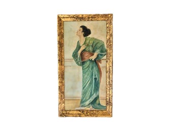 Vintage Art Deco Japanese Inspired Woman Painting in Original Gold Frame c. 1930s