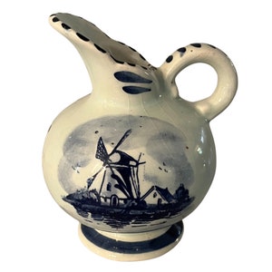 Small Antique Blue White Delft Pitcher with Windmill and Flowers