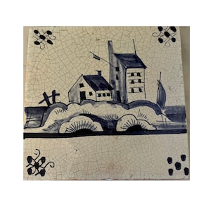 Original 17th Century Dutch Tile with Farm House, Flag and Boat,