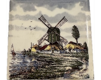 Vintage Dutch Delft Tile Windmill Landscape | Blue White Wall Decor | Holland Ceramic Tile