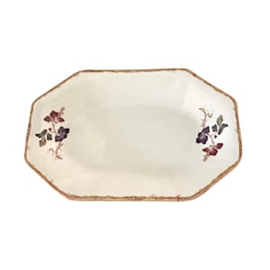 May include: A white octagonal serving dish with a brown rim and floral designs in shades of purple, red, and green.
