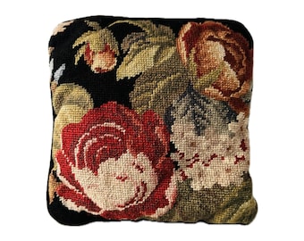 Vintage Floral Needlepoint Decorative Pillow Backed in Black Velvet