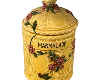 Vintage yellow majolica marmalade jar  pink roses and vines, ceramic majolica marmalade jar, 1950s
