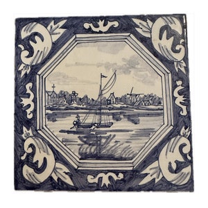 Vintage Blue White Delft Tile with Nautical Theme, Oxhead Corners, Mid Century Blue White Tile
