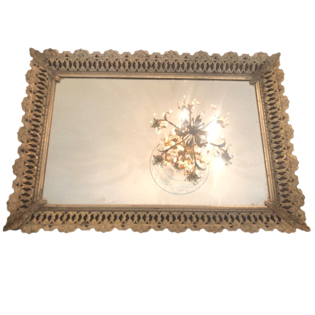 Gold Filigree Metal Vanity Tray Vintage Gold Vanity Mirror Etsy
