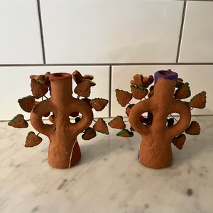 Mexican Tree of Life Pottery Folk Art Candle Holders image 6