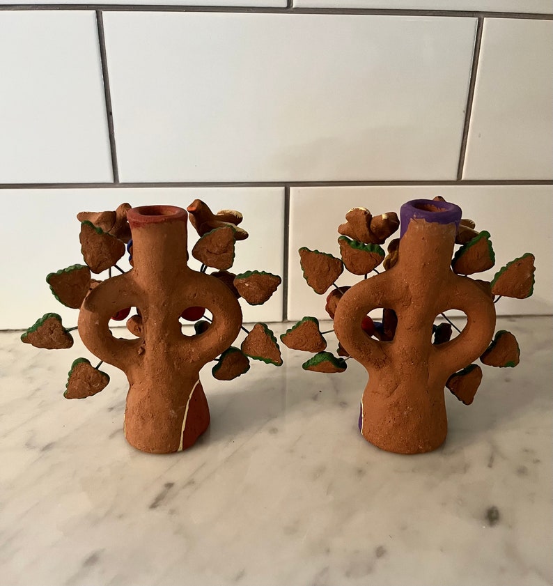 Mexican Tree of Life Pottery Folk Art Candle Holders image 6