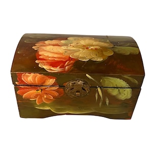 Vintage Brown and Pink Hand painted Folk Art lidded wood Box
