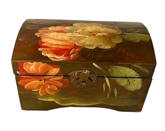 Vintage Brown and Pink Hand painted Folk Art lidded wood Box