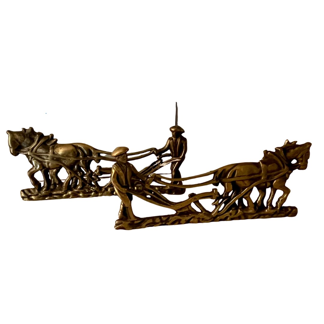 Vintage Brass Horse Plow Farmer Figurine Pair 1960s Collectible