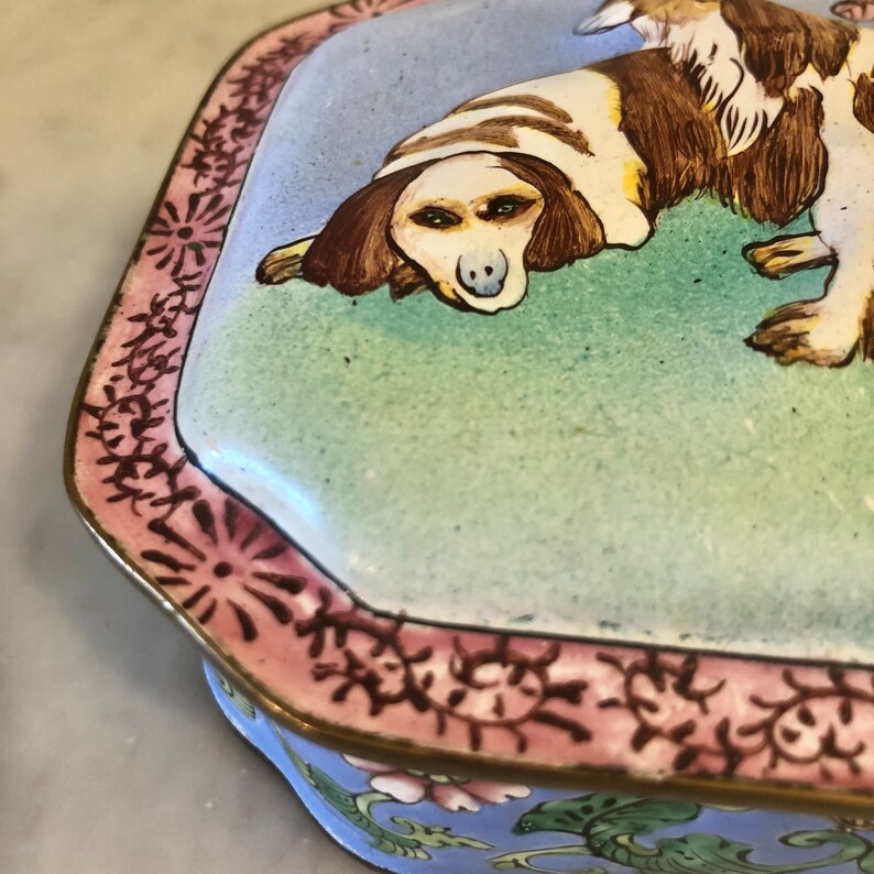 Op de afbeelding: Decoratieve, rechthoekige sieradendoos met een gedetailleerde schildering van een hond. De doos heeft een lichtblauwe achtergrond met een roze rand en bloemmotieven. De hond is geschilderd in bruin, wit en geel.