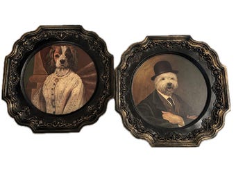 Vintage Pair of Fancy Anthropomorphic Dog Portrait Plates Gentleman Lady Wall Art