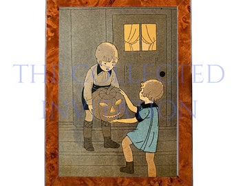 May include: Two children, one holding a carved jack-o'-lantern, stand on a porch step. The child on the left is wearing a brown shirt and pants. The child on the right is wearing a blue dress. The porch is decorated with a brown door and a window with a yellow light shining through.