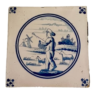 Antique Delft Blue and White Glazed Tile with Shepherd and Sheep