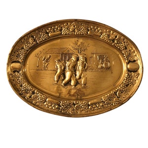 Brass Repousse Wall Plate Made in England, Holland Skating Landscape