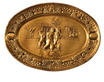 Brass Repousse Wall Plate Made in England, Holland Skating Landscape