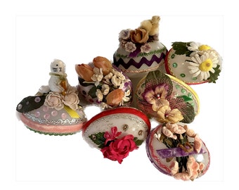 Vintage Glass Easter Eggs + Velvet Ribbon + Flowers chicks