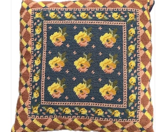 Vintage Navy Yellow Needlepoint Throw Pillow Provence Aesthetic