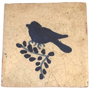Antique 17th Century Delft Tile, Dutch Blue and White Bird Tile, Tin Glazed Red Clay, Dutch Folk Art Bird on Branch