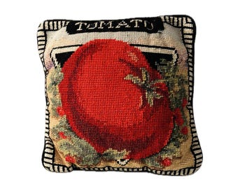 Vintage Gardening Needlepoint Pillow with Tomato Seed Packet Motif Backed in Black Velvet