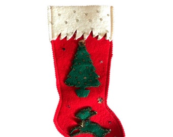 Felt Stocking, Christmas Decor, Vintage Stocking, Red White Stocking, Christmas Stocking