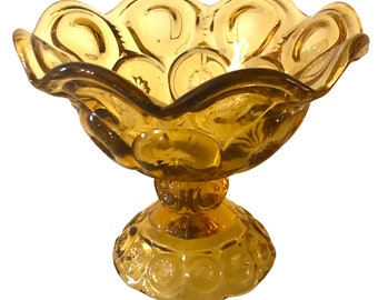 Small Scalloped Amber Glass Pedestal Vase or Candy Dish
