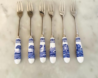 Vintage Spode Blue Italian Cocktail Forks Set Of 6 English Transferware Barware