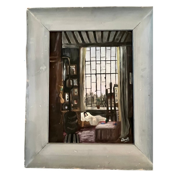 Vintage Framed City Loft Painting with Girl in a  Window