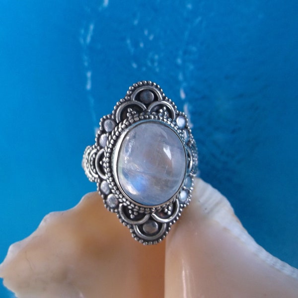 Island Goddess Rainbow Moonstone Ring .925 Sterling Silver, Size..7.. Gentle and Healing Energy