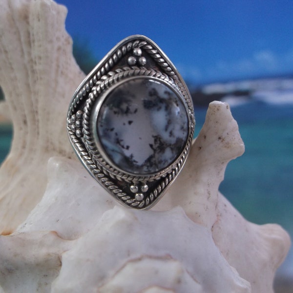 Shaman Stone..Sterling Silver Ring size 7.5.. High Vibration Dendritic Opal, Uplifting, Healing Frequencies, Throat Chakra